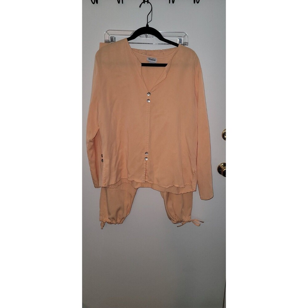 Toofan Womens L 2 Piece Set Tencel Tunic Top Crop Pant Orange Lagenlook Coastal